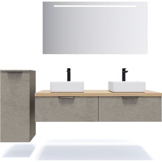 Ensemble Salle De Bain 2 Vasques Posées 140cm 2 Tiroirs Béton + Miroir + Colonne Gauche - Soho