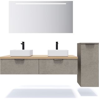 Ensemble Salle De Bain 2 Vasques Posées 140cm 2 Tiroirs Béton + Miroir + Colonne Droite - Soho