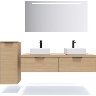 Ensemble Salle De Bain 2 Vasques Posées 140cm 2 Tiroirs Chêne + Miroir + Colonne Gauche - Soho