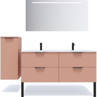 Ensemble Salle De Bain Double Vasque 140cm 4 Tiroirs Abricot + Miroir + Colonne Gauche - Soho