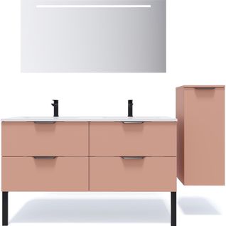 Ensemble Salle De Bain Double Vasque 140cm 4 Tiroirs Abricot + Miroir + Colonne Droite - Soho