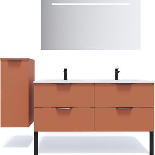 Ensemble Salle De Bain Double Vasque 140cm 4 Tiroirs Terracotta + Miroir + Colonne Gauche - Soho