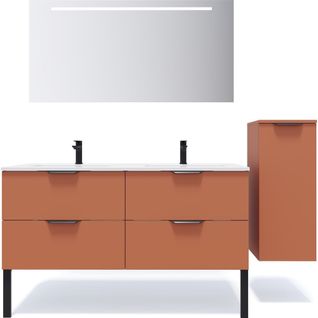 Ensemble Salle De Bain Double Vasque 140cm 4 Tiroirs Terracotta + Miroir + Colonne Droite - Soho