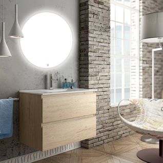 Meuble De Salle De Bain Simple Vasque - Balea Et Miroir Rond LED Solen - Bambou (chêne Clair) - 80cm