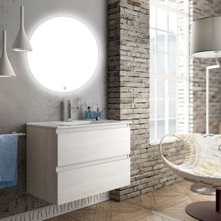 Meuble De Salle De Bain Simple Vasque - Balea Et Miroir Rond LED Solen - Bois Blanchi - 70cm