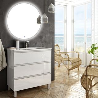 Meuble De Salle De Bain Simple Vasque - Palma Et Miroir Rond LED Solen - Blanc - 80cm