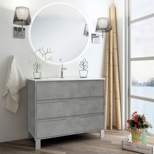 Meuble De Salle De Bain Simple Vasque - Tiris 3c Et Miroir Rond LED Solen - Ciment (gris) - 80cm