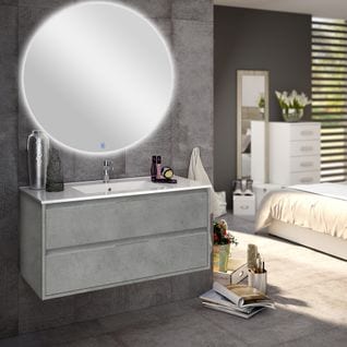 Meuble De Salle De Bain Simple Vasque - Iris Et Miroir Rond LED Solen - Ciment (gris) - 80cm