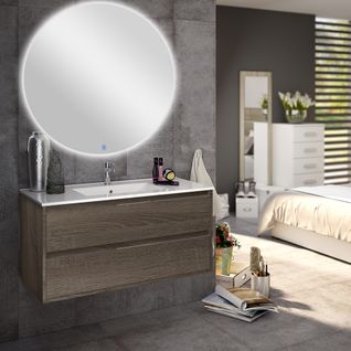 Meuble De Salle De Bain Simple Vasque - Iris Et Miroir Rond LED Solen - Chêne Foncé - 80cm