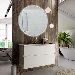 Meuble De Salle De Bain Simple Vasque - Mig Et Miroir Rond LED Solen - Blanc - 70cm