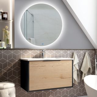 Meuble De Salle De Bain Simple Vasque - Alba Et Miroir Rond Solen - Noir - 80cm