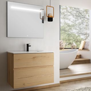 Meuble De Salle De Bain Simple Vasque - Mig Et Miroir LED Stam - Roble (chêne Clair) - 70cm