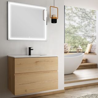 Meuble De Salle De Bain Simple Vasque - Mig Et Miroir LED Veldi - Roble (chêne Clair) - 80cm