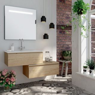 Meuble De Salle De Bain Simple Vasque - Pena Et Miroir LED Stam - Bambou (chêne Clair) - 120cm