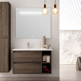 Meuble De Salle De Bain Vasque Déportée - Olympe Et Miroir LED Stam - Britannia (chêne Foncé) - 80cm