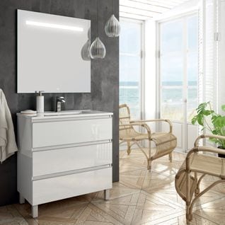 Meuble De Salle De Bain Simple Vasque - Palma Et Miroir LED Stam - Blanc - 70cm