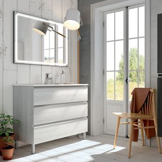 Meuble De Salle De Bain Simple Vasque - Palma Et Miroir LED Veldi - Hibernian (bois Blanchi) - 100cm