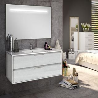 Meuble De Salle De Bain Simple Vasque - Iris Et Miroir LED Stam - Hibernian (bois Blanchi) - 80cm