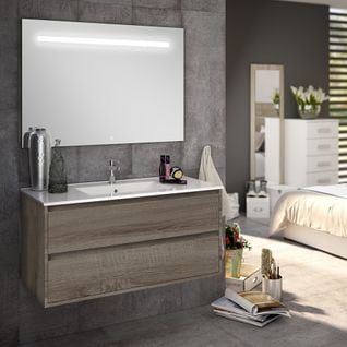 Meuble De Salle De Bain Simple Vasque - Iris Et Miroir LED Stam - Britannia (chêne Foncé) - 80cm