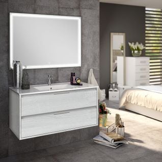 Meuble De Salle De Bain Simple Vasque - Iris Et Miroir LED Veldi - Hibernian (bois Blanchi) - 100cm