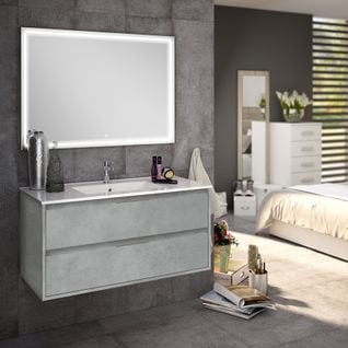 Meuble De Salle De Bain Simple Vasque - Iris Et Miroir LED Veldi - Ciment (gris) - 100cm