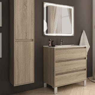 Meuble De Salle De Bain Simple Vasque - Tiris 3c Et Miroir LED Veldi - Cambrian (chêne) - 80cm