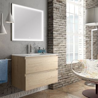 Meuble De Salle De Bain Simple Vasque - Balea Et Miroir LED Veldi - Bambou (chêne Clair) - 100cm