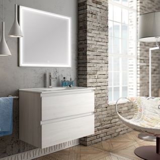 Meuble De Salle De Bain Simple Vasque - Balea Et Miroir LED Veldi - Hibernian (bois Blanchi) - 80cm