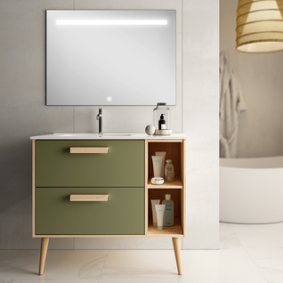 Meuble De Salle De Bain Vasque Déportée - Malia Et Miroir LED Stam - Vert Olive - 80cm