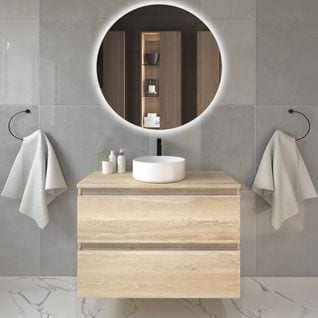 Meuble De Salle De Bain Avec Vasque à Poser Ronde Balea Et Miroir LED Solen - Chêne Clair- 80cm