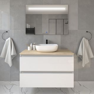 Meuble De Salle De Bain Avec Vasque à Poser Arrondie Balea Et Miroir LED Stam - Blanc - 100cm