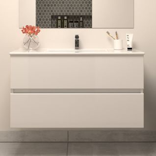 Meuble De Salle De Bain 100cm Simple Vasque - Sans Miroir - 2 Tiroirs - Blanc - Ida