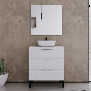 Meuble De Salle De Bain 60cm Avec Plateau Et Vasque à Poser Ovale - 3 Tiroirs - Blanc - Cala