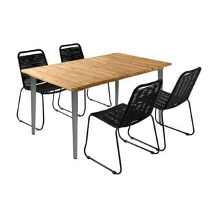 Table De Jardin Maringa Bois Et Métal Kaki 150cm + 4 Chaises De Jardin En Corde Noire Brasilia.