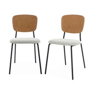 Lot De 2 Chaises Assise Bouclette Texturée Blanche. Dossier Bois De Peuplier Courbé. Pieds En Métal