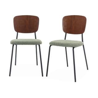 Lot De 2 Chaises Assise Bouclette Texturée Verte. Dossier Bois De Peuplier Courbé. Pieds En Métal