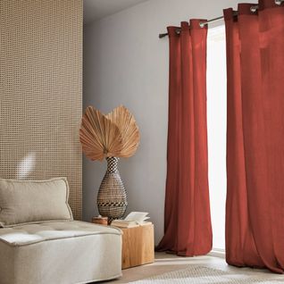 Set De 2 Rideaux En Gaze De Coton Ocre. Tissu Gaufré. 2x 135x240cm Avec Oeillets