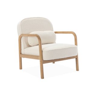 Fauteuil Scandinave Bois D'hévéa Et Dossier Arrondi En Bouclette Blanche - Amelie