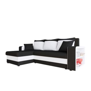 Canapé D’angle à Gauche En Tissu Noir Et Blanc, Convertible Lit Et Coffre De Rangement, Faro