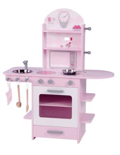 Cuisine Enfant en Bois - Avec Plaque de Cuisson + Évier + Accessoires - Dès 3 Ans - Rose / Blanc