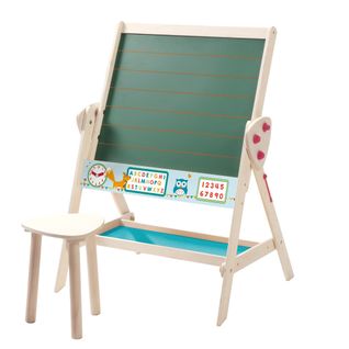 Ensemble Tableau + Tabouret Pour Enfant - Convertible En Bureau - Double Face - Bois Naturel