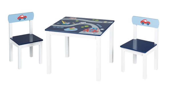 Set Table + 2 Chaises Enfants "Pilote" - Bois Laqué Bleu-Blanc
