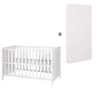 Lit Bébé 2en1 Indépendant et Cododo 60x120 + Matelas - Hauteur Réglable - Bois Laqué Blanc