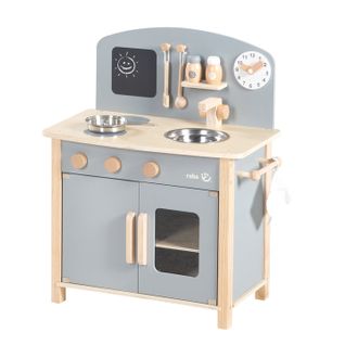 Cuisine Enfant En Bois - Avec Plaque De Cuisson + Évier + Accessoires - À Partir De 3 Ans - Gris