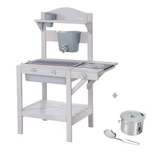 Cuisine De Jeu Enfant Avec Accessoires - En Bois Massif Pour Extérieur Et Intérieur - Gris