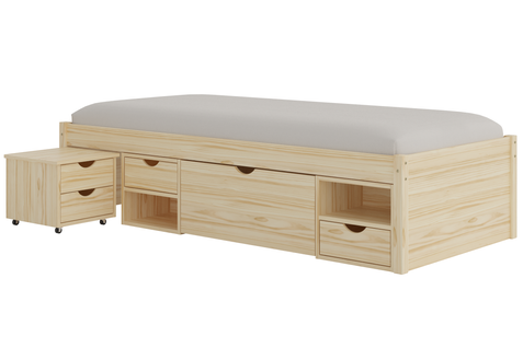 Lit Simple Multi-rangements CLAAS 90x200cm 1 Table chevet 3 tiroirs 2 niches en Bois Massif Naturel