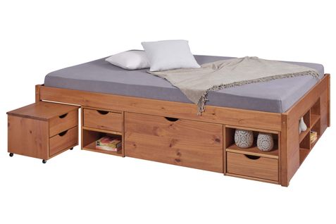 Lit Double Multi-rangements TILL 180x200cm 2 chevets 6 tiroirs 8 niches en Bois Massif Brun-Noisette