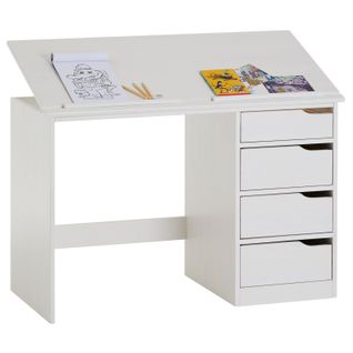 Bureau Enfant Emma, En Pin Massif, 4 Tiroirs Et Plateau Inclinable, Lasuré Blanc