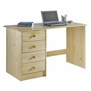 Bureau Arne Avec 4 Tiroirs, En Pin Massif Vernis Naturel