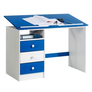 Bureau Enfant Kevin, En Pin Massif, 3 Tiroirs Et Plateau Inclinable, Lasuré Blanc Et Bleu